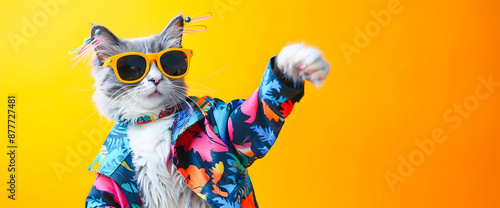Vibrant and whimsical digital of a playful cat wearing sunglasses and a colorful fashionable outfit dancing energetically against a bright yellow background