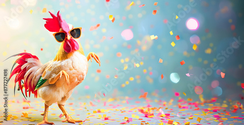 Vibrant and joyful image of a playful chicken or rooster wearing stylish sunglasses and a colorful fashion ensemble dancing with energy and enthusiasm against a vivid