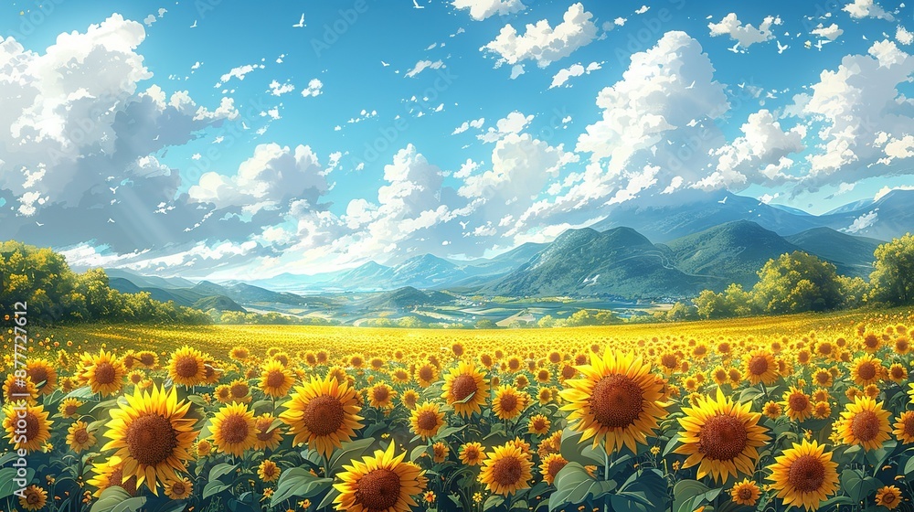 Obraz premium Sunflower fields in full bloom create a cheerful and bright landscape with golden hues and sunny skies ideal for uplifting and vibrant backgrounds Background Illustration, Bright color tones, ,
