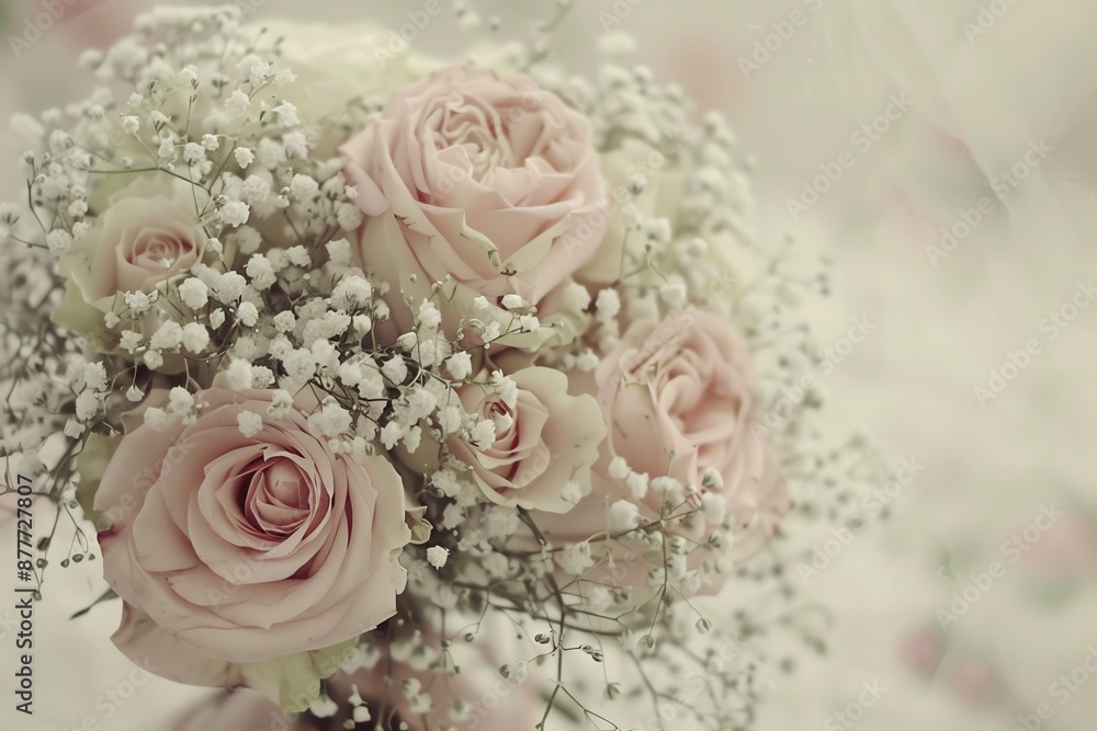 Obraz premium Elegant bouquet of soft pink roses and baby's breath flowers, perfect for wedding, romance, and celebration themes.