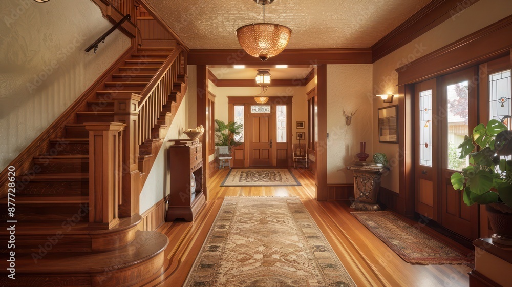 Craftsman foyer with a wooden staircase, a runner rug with earth tones, and a ceiling light made from hammered copper Craftsman foyer with a wooden staircase, a runner rug with earth tones, and a ceiling light made from hammered copper