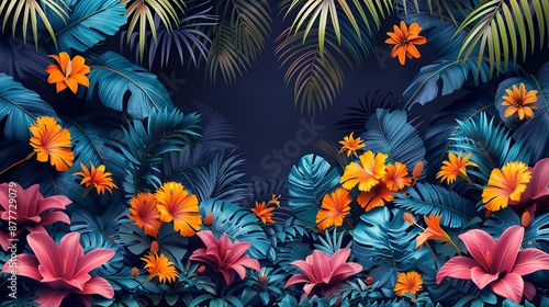 Tropical rainforest scenes depict the lush and vibrant landscapes of rainforests with diverse flora and fauna perfect for exotic and colorful backgrounds Background Illustration, Bright color tones, © DARIKA