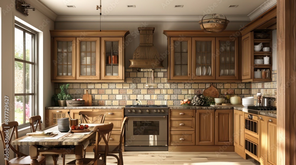 Craftsman kitchen with shaker cabinets, a tile backsplash in earth tones, and a wooden dining table with mismatched chairs Craftsman kitchen with shaker cabinets, a tile backsplash in earth tones, and a wooden dining table with mismatched chairs