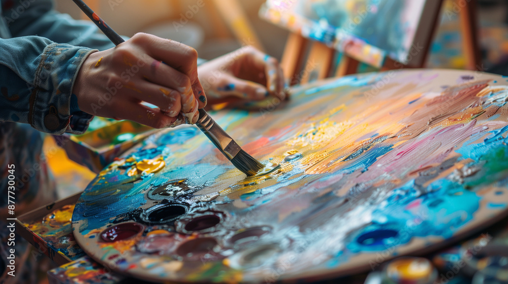 Obraz premium A close-up shot of a student mixing paint on a palette, hands holding brushes and creating vibrant colors, background showing easels and art supplies