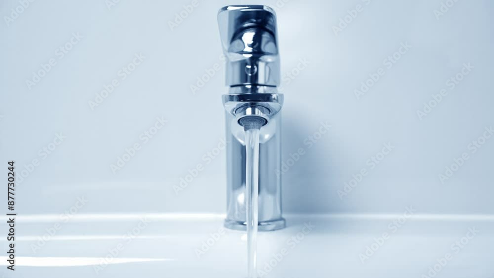 Water running from faucet closeup. Nobody. Blue tone Water running from faucet closeup. Nobody. Blue tone