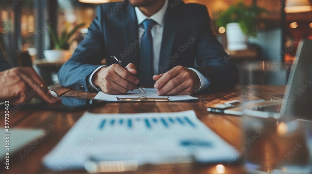 A man in a suit is writing on a piece of paper with a pen A man in a suit is writing on a piece of paper with a pen