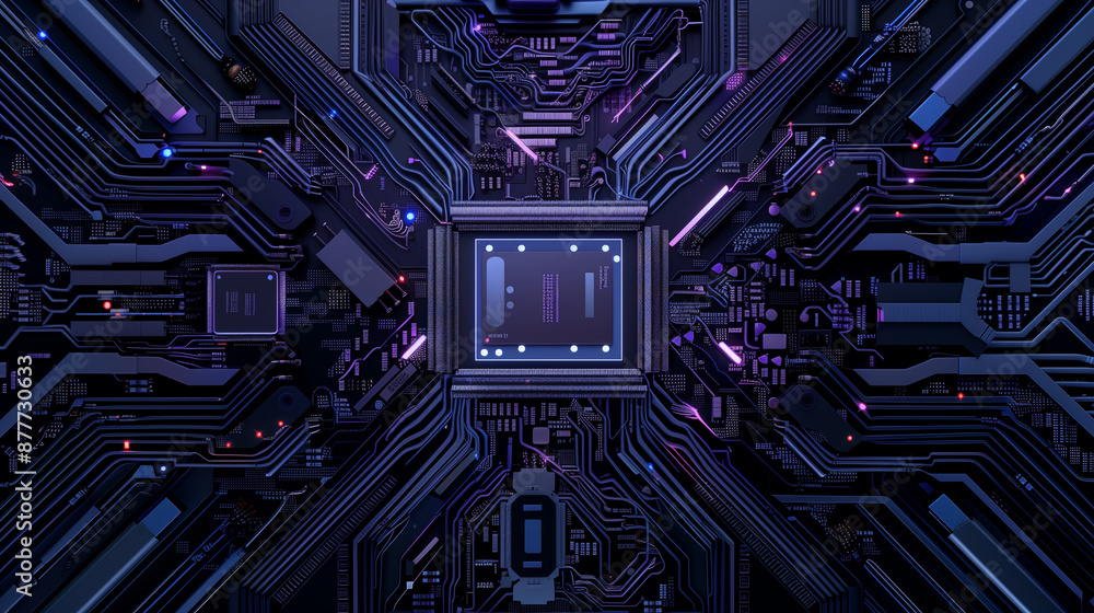 A computer chip is surrounded by a colorful background of circuits. Concept of technology and innovation, with the bright colors and intricate patterns of the circuits creating a dynamic A computer chip is surrounded by a colorful background of circuits. Concept of technology and innovation, with the bright colors and intricate patterns of the circuits creating a dynamic