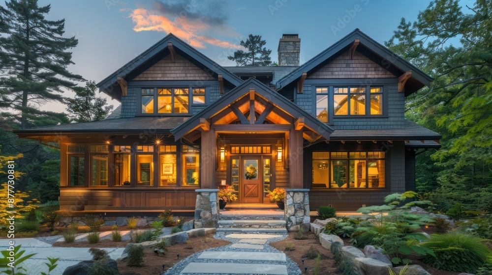 meticulously designed Craftsman home exterior with custom wooden window frames and a stone path leading to the front door meticulously designed Craftsman home exterior with custom wooden window frames and a stone path leading to the front door