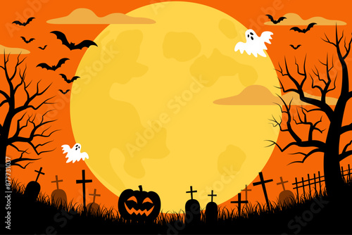 満月の夜のハロウィン背景_ベクターイラスト（2:3）