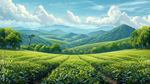 Lush green landscapes provide a refreshing and vibrant backdrop with verdant fields and rolling hills perfect for nature-themed projects and outdoor scenes Background Illustration, Bright color
