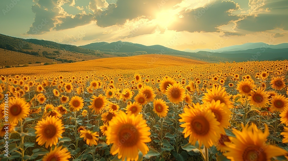 Obraz premium Sunflower fields in full bloom create a cheerful and bright landscape with golden hues and sunny skies ideal for uplifting and vibrant backgrounds Background Illustration, Bright color tones, ,