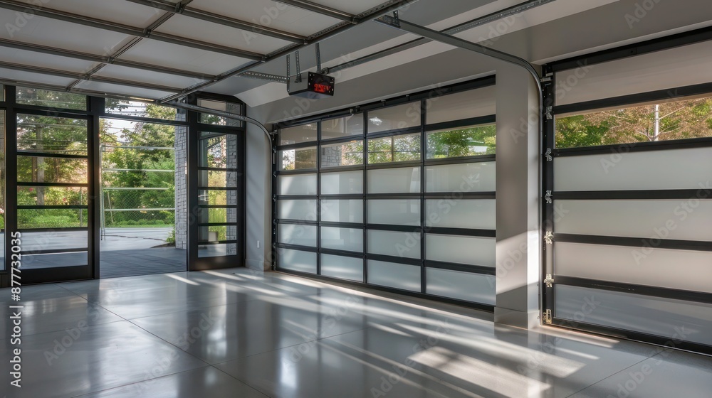 modern suburban garage with automated, frosted glass doors and a sleek, functional interior design modern suburban garage with automated, frosted glass doors and a sleek, functional interior design