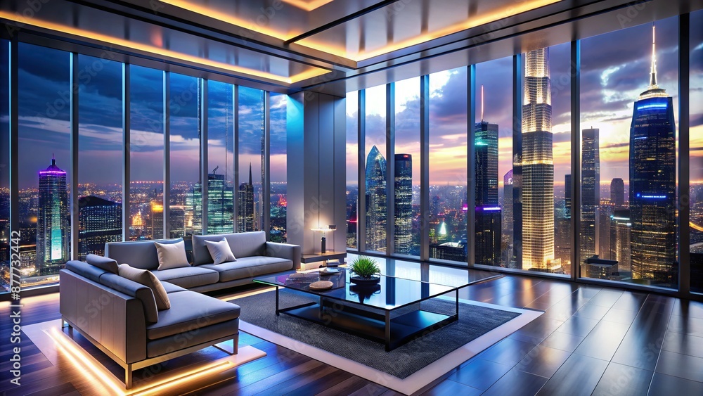 Modern high-rise apartment with sleek metallic walls, floor-to-ceiling windows, and futuristic gadgets, overlooking a breathtaking cityscape with neon lights and towering skyscrapers. Modern high-rise apartment with sleek metallic walls, floor-to-ceiling windows, and futuristic gadgets, overlooking a breathtaking cityscape with neon lights and towering skyscrapers.