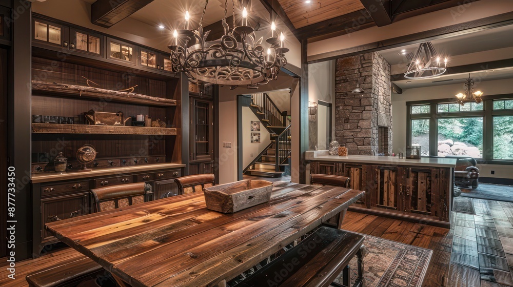 rustic Craftsman dining room with a handmade wooden table, wrought iron chandeliers, and a built-in sideboard for storage rustic Craftsman dining room with a handmade wooden table, wrought iron chandeliers, and a built-in sideboard for storage