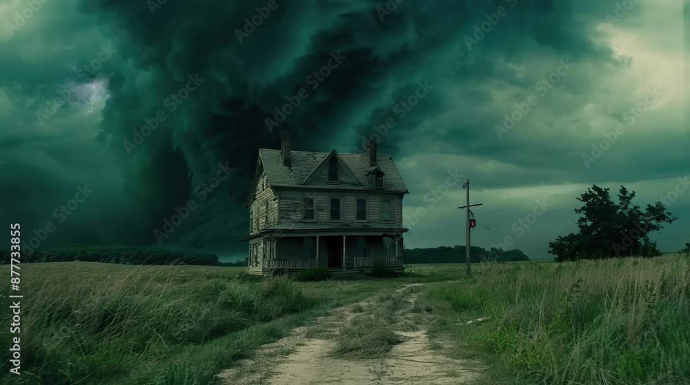 A house standing resiliently under a dramatic storm, with dark storm clouds and lightning creating a powerful and atmosphseamless looping 4k time-lapse virtual video animation background. generated ai A house standing resiliently under a dramatic storm, with dark storm clouds and lightning creating a powerful and atmosphseamless looping 4k time-lapse virtual video animation background. generated ai