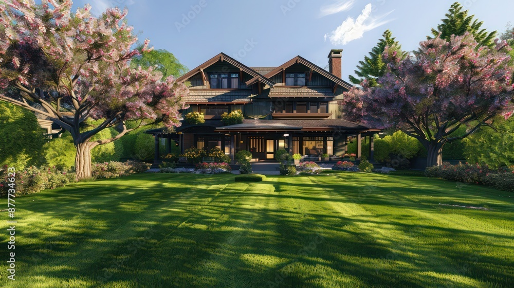 springtime Craftsman home with flowering trees and a freshly mowed lawn springtime Craftsman home with flowering trees and a freshly mowed lawn