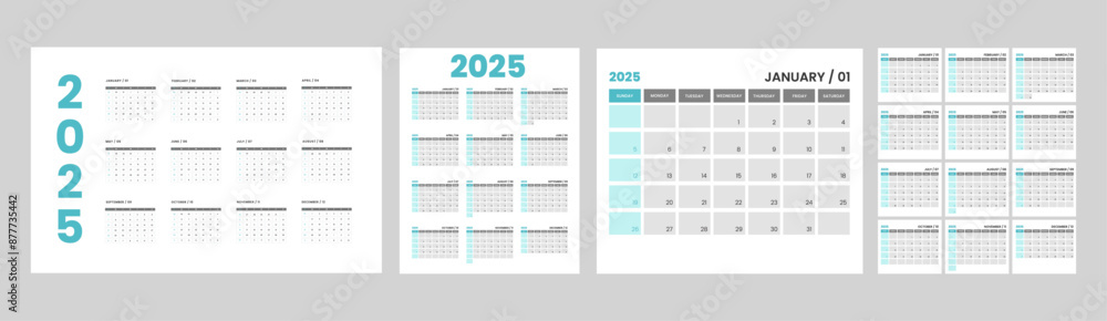Set of 2025 Calendar template designs. Week starts on Sunday office calendar. Simple clean desktop planner calendar for company or business Set of 2025 Calendar template designs. Week starts on Sunday office calendar. Simple clean desktop planner calendar for company or business