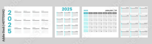 Set of 2025 Calendar template designs. Week starts on Sunday office calendar. Simple clean desktop planner calendar for company or business