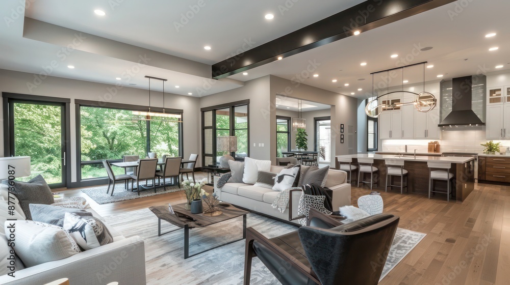 suburban home with a modern, open floor plan that includes a living area, dining space, and kitchen with seamless transitions suburban home with a modern, open floor plan that includes a living area, dining space, and kitchen with seamless transitions