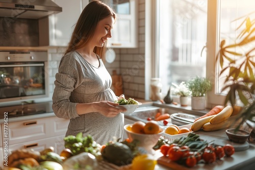 Pregnant woman in kitchen with fresh vegetables preparing salad, healthy eating during pregnancy, lifestyle concept photo