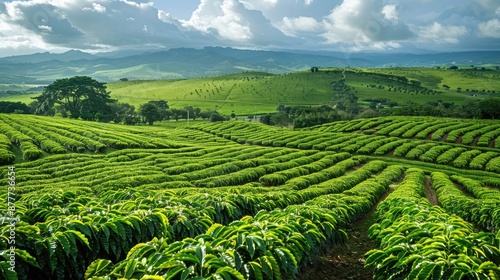 A lush green field with rows of trees and bushes. The sky is cloudy and the sun is shining