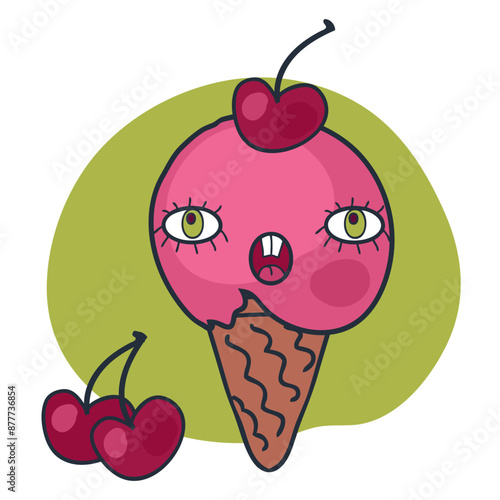 Cute giggle face cherry ice cream cone character with doodle eyes. Perfect print for tee, sticker, poster. Funny vector illustration for decor and design.