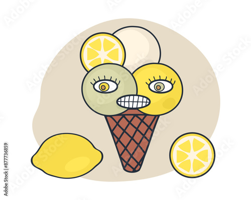 Surprised face lemon ice cream cone character with googly eyes in retro style. Perfect print for tee, sticker, poster. Cute vector illustration for decor and design.