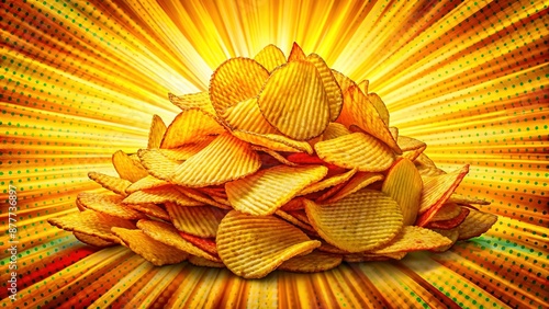 Vibrant comic book-inspired background bursts with colorful graphics and bold typography, showcasing a mouthwatering stack of crispy golden potato chips, perfectly lit and tantalizingly arranged. photo