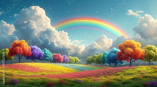 Rainbow over fields creates a magical and colorful scene with a spectrum of colors arcing over lush landscapes perfect for enchanting and vibrant backgrounds Background Illustration, Bright color