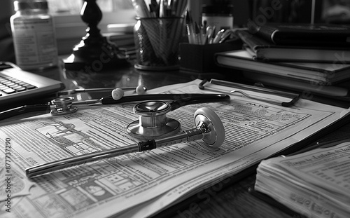 Black and white stethoscope is on the doctor's table