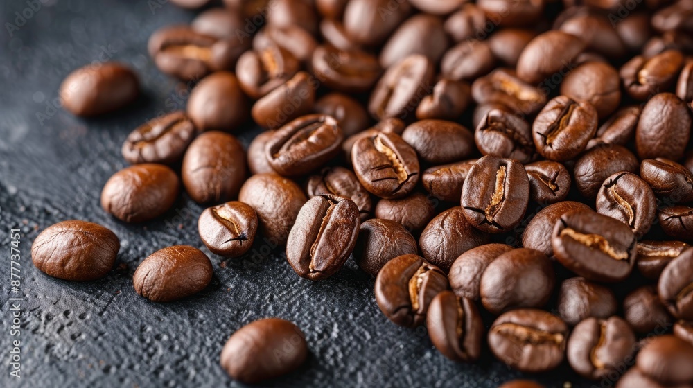 Fototapeta premium Coffee beans heap on black surface