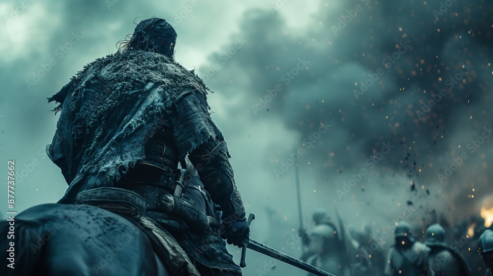 A barbarian on a horse, with a sword, in a mad battle, rear view, muted tones A barbarian on a horse, with a sword, in a mad battle, rear view, muted tones