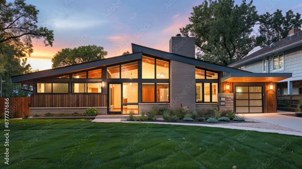 suburban mid-century modern home with an updated exterior featuring a mix of wood siding and large, energy-efficient windows suburban mid-century modern home with an updated exterior featuring a mix of wood siding and large, energy-efficient windows