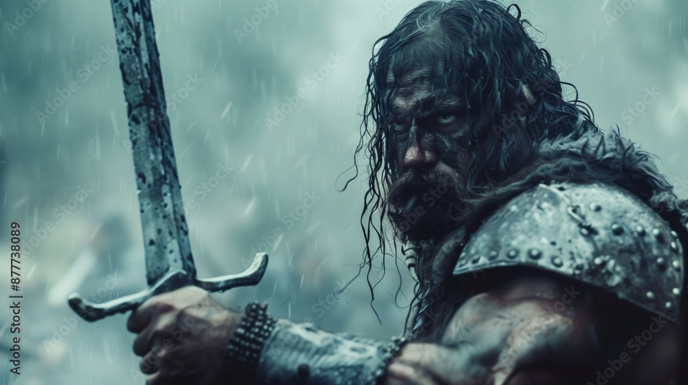 Obraz premium German barbarian with a sword, fighting in a mad battle, frightening, muted tones, dramatic moment