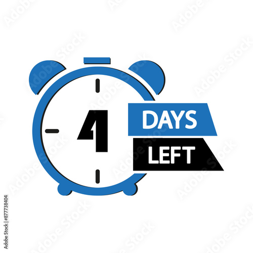 Blue clock icon. Four days left. Countdown timer vector. Bold text design.