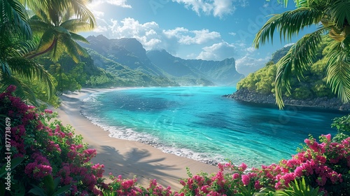 Tropical island scenes depict the beauty of exotic landscapes with lush greenery and vibrant waters perfect for tropical-themed backgrounds Background Illustration, Bright color tones, , Minimalism,