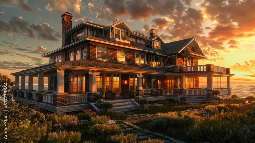 Fototapeta premium sunset view of a Craftsman-style home with a large wrap-around porch and wood shingle siding