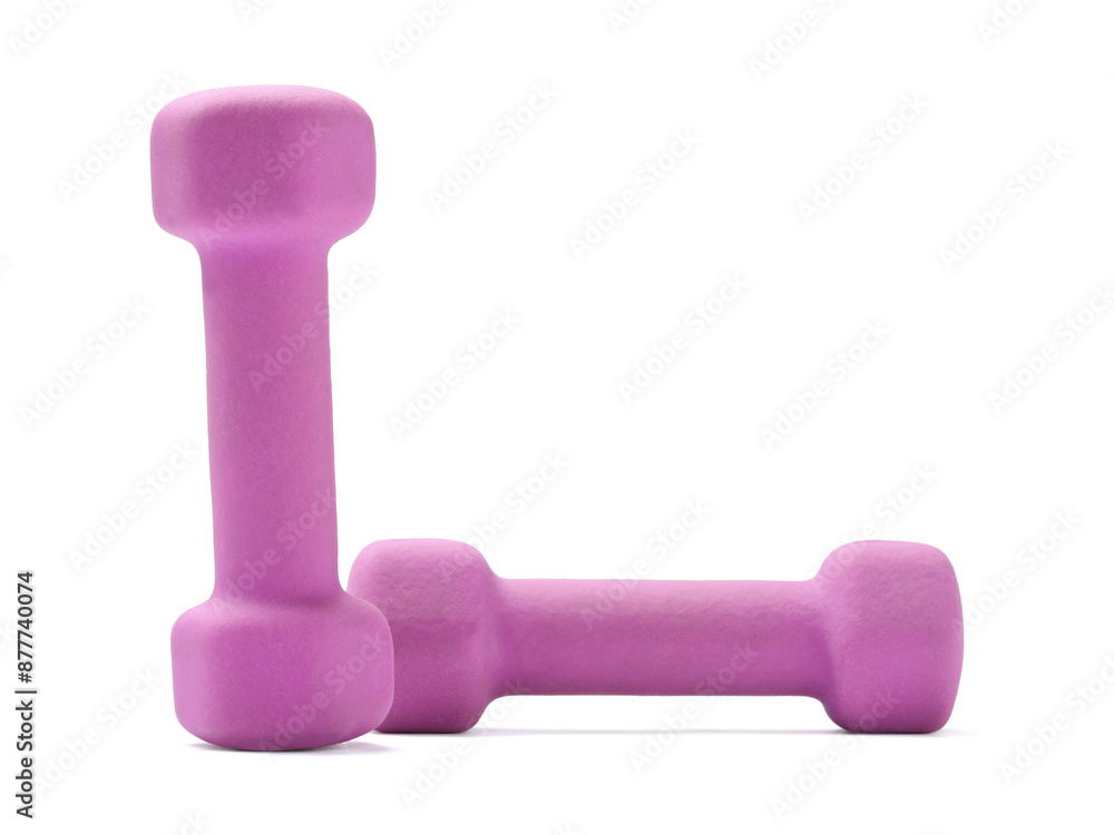 Violet dumbbells isolated on white. Sports equipment Violet dumbbells isolated on white. Sports equipment