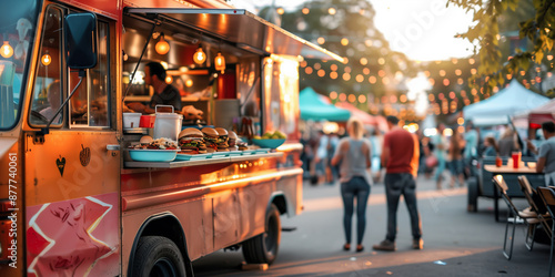 Colorful food truck illuminated by string lights at night. Selling snacks and drinks at music festival. Catering at city fair.