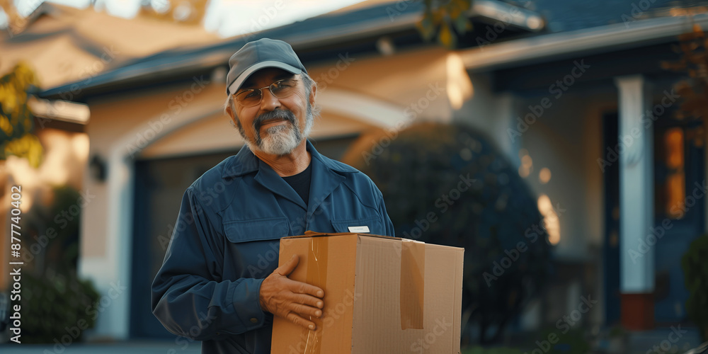 Delivery man holding a package standing next to residential house. Senior male courier ensure that recipients receive their packages and other items in a timely manner. Delivery man holding a package standing next to residential house. Senior male courier ensure that recipients receive their packages and other items in a timely manner.
