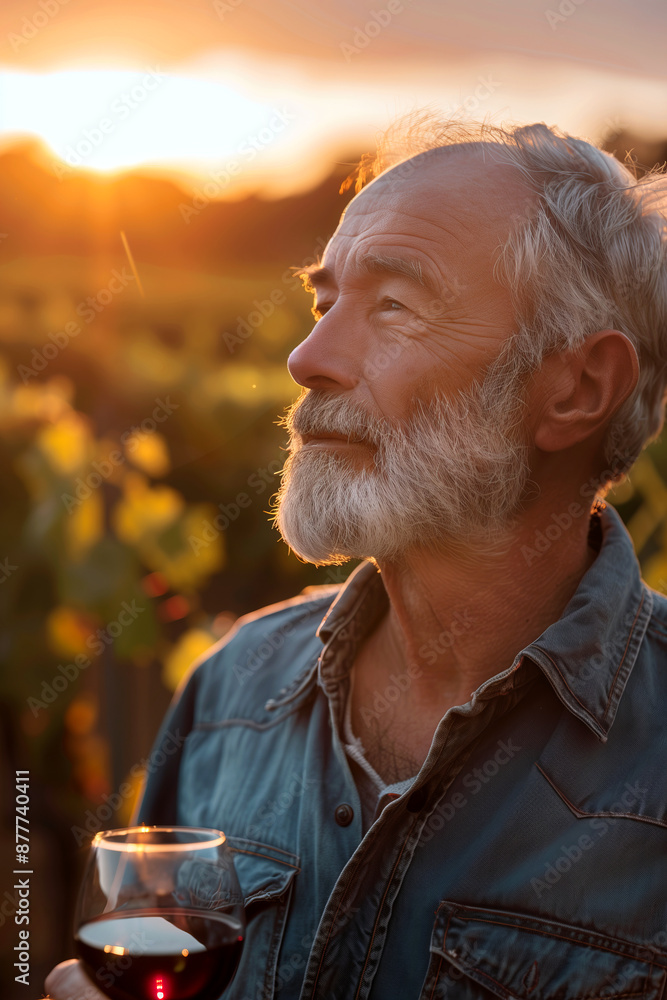 Handsome successful winemaker tasting a flavor of his wine. Sommelier checking red wine quality in vineyards at sunset. Handsome successful winemaker tasting a flavor of his wine. Sommelier checking red wine quality in vineyards at sunset.