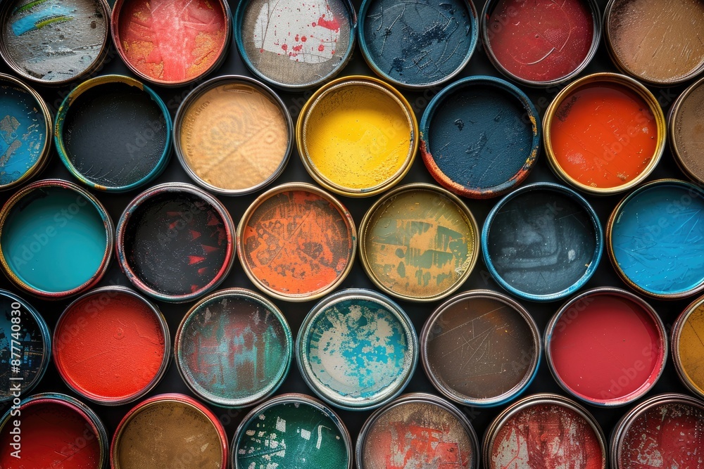 A row of colorful paint cans with a variety of colors including red, yellow, blue, and green A row of colorful paint cans with a variety of colors including red, yellow, blue, and green