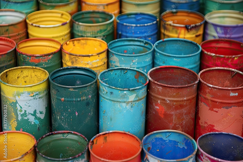 A row of colorful paint cans are stacked on top of each other. The colors are bright and vibrant, creating a cheerful and lively atmosphere A row of colorful paint cans are stacked on top of each other. The colors are bright and vibrant, creating a cheerful and lively atmosphere