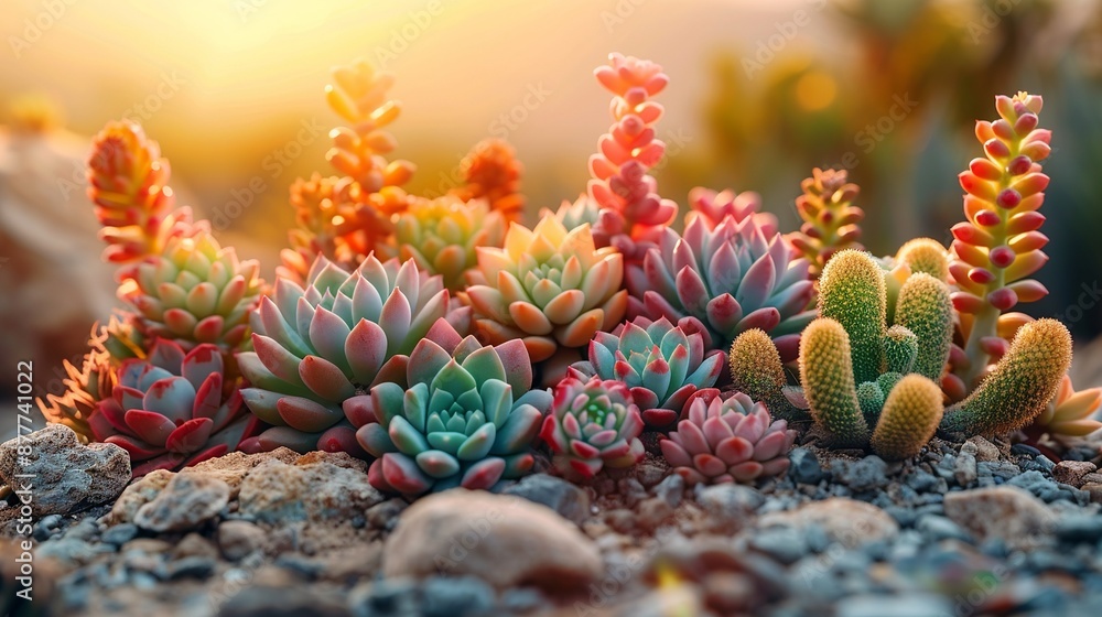 Obraz premium Brightly colored succulents add a touch of desert beauty with their vibrant hues and unique shapes perfect for southwestern-themed backgrounds Background Illustration, Bright color tones, ,
