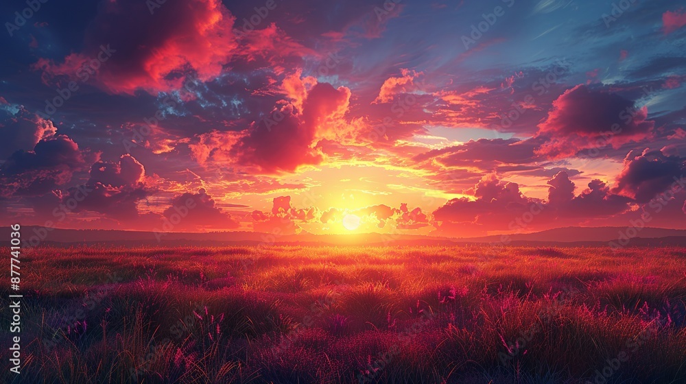 Sunset over fields paints the sky with warm hues blending seamlessly into the horizon creating a serene and calming atmosphere perfect for picturesque backgrounds Background Illustration, Bright Sunset over fields paints the sky with warm hues blending seamlessly into the horizon creating a serene and calming atmosphere perfect for picturesque backgrounds Background Illustration, Bright