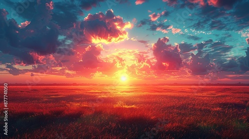 Sunset over fields paints the sky with warm hues blending seamlessly into the horizon creating a serene and calming atmosphere perfect for picturesque backgrounds Background Illustration, Bright
