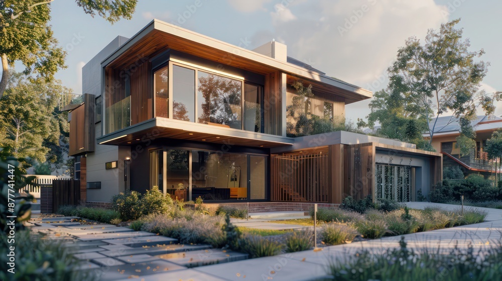 Contemporary suburban home with a sustainable design that features reclaimed wood, energy-efficient systems, and a minimalist aesthetic to reduce environmental impact Contemporary suburban home with a sustainable design that features reclaimed wood, energy-efficient systems, and a minimalist aesthetic to reduce environmental impact