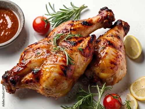delicious grilled chicken on white background Side and top view of BBQ Food	
