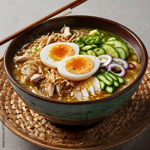 illustration of Lamongan chicken soto food topped with koya and boiled egg. photo