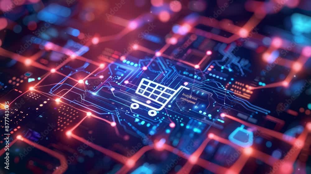 Artificial Intelligence in Retail concept, featuring a high-tech background and a prominent shopping cart symbol, symbolizing the integration of AI in shopping experiences. Artificial Intelligence in Retail concept, featuring a high-tech background and a prominent shopping cart symbol, symbolizing the integration of AI in shopping experiences.